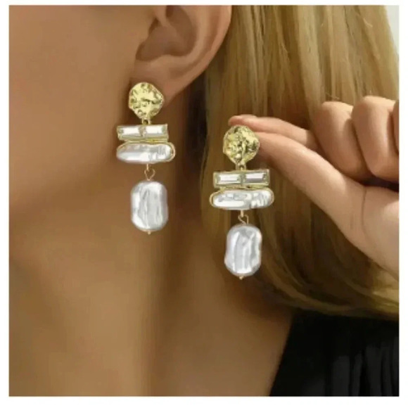 Gold Tone Earrings - Faux Pearl & Rhinestone Accents - Stud Style with Drop - Picture 4 of 4